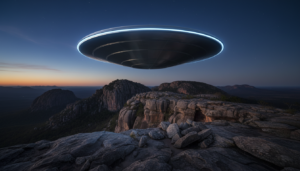 Ilustração de UAP discóide sobre paisagem rochosa de Morro do Chapéu, Bahia, com ênfase na geologia local e céu noturno.
