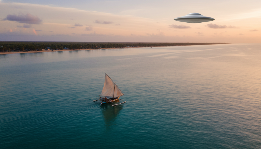 Jangada no mar do Ceará com UAP discreto no céu, simbolizando avistamentos e arquivos