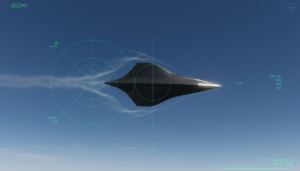 Objeto voador não identificado (UAP) em alta velocidade sem estrondo sônico, ilustração técnica de fenômeno anômalo.