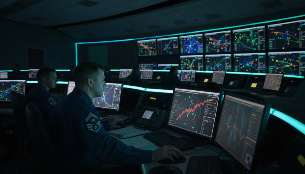 Centro de comando NORAD com analista militar e telas de radar mostrando anomalias UAP.