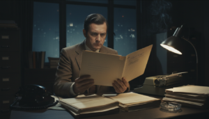 Fotografia de um agente do SNI examinando arquivos sobre ufologia e pesquisadores de UAP no período da Ditadura Militar brasileira.