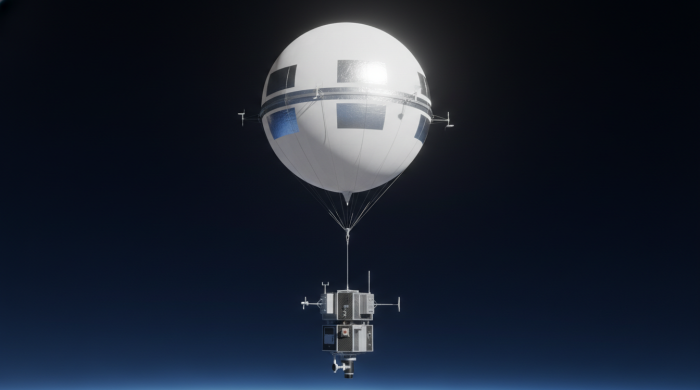 Balão meteorológico branco em alta altitude, instrumentos científicos, céu azul profundo, estratosfera, pesquisa atmosférica, UAP, identificação de objetos