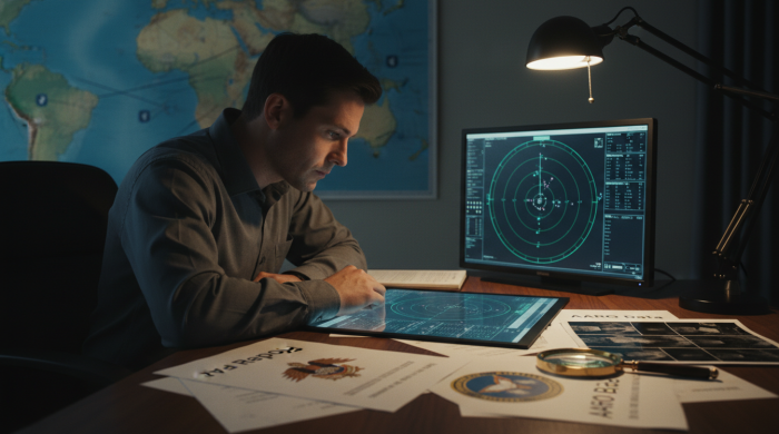 Analista de inteligência examinando documentos oficiais e dados de radar sobre UAPs para uma investigação imparcial.