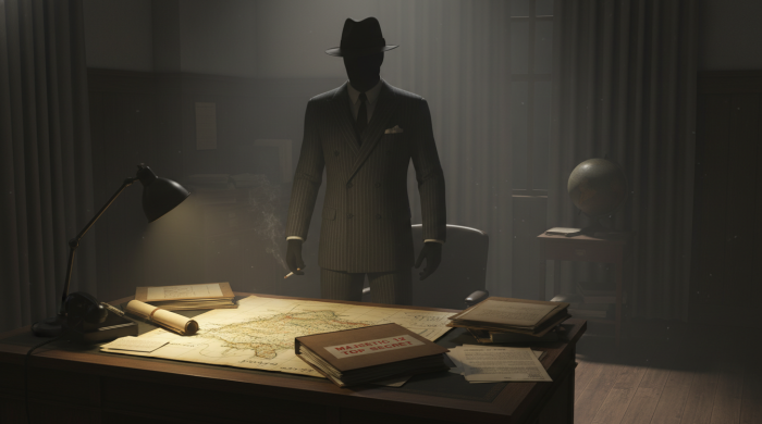 Oficial militar em ambiente secreto com documentos Majestic 12, representando mistério e inteligência sobre UAPs.